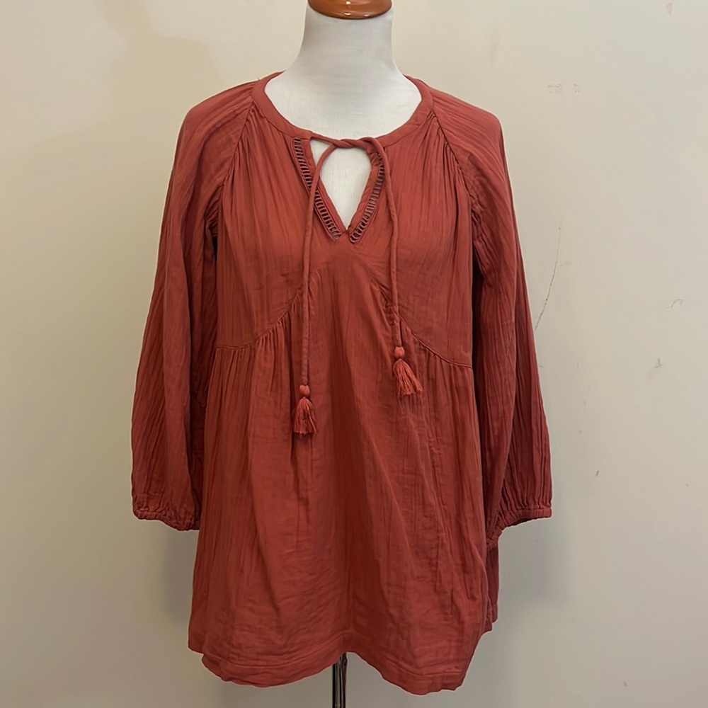 Fat Face Boho Cotton Gauze Babydoll Tunic Rust Color Size 10